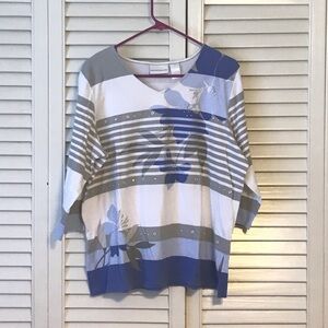 Alfred Dunner Blue, White & Gray Floral Stripe Knit Top